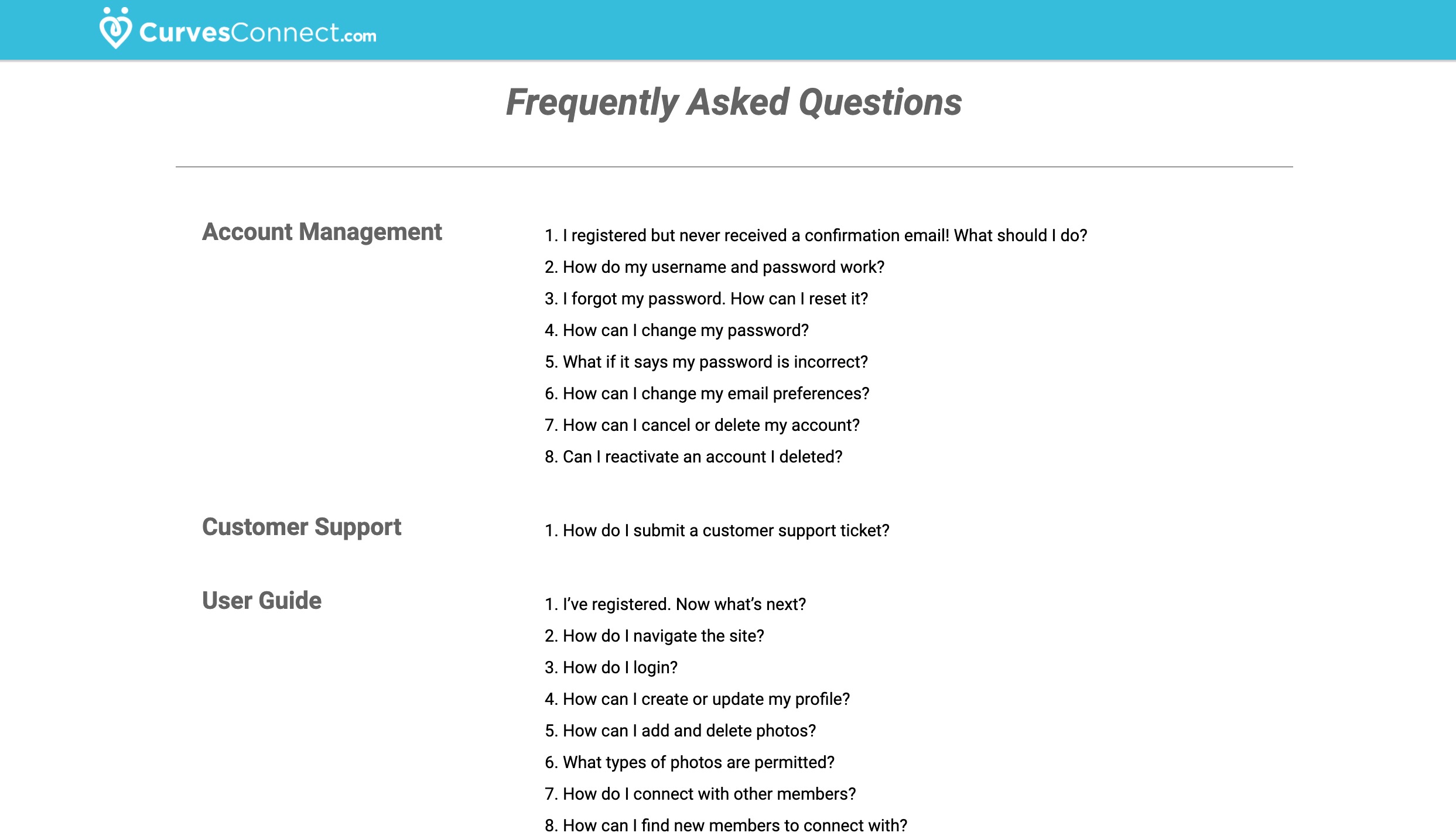 CurvesConnect support faq